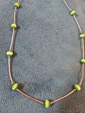 Green Cats Eye Gemstone Beads Station Sterling Silver Necklace 12"